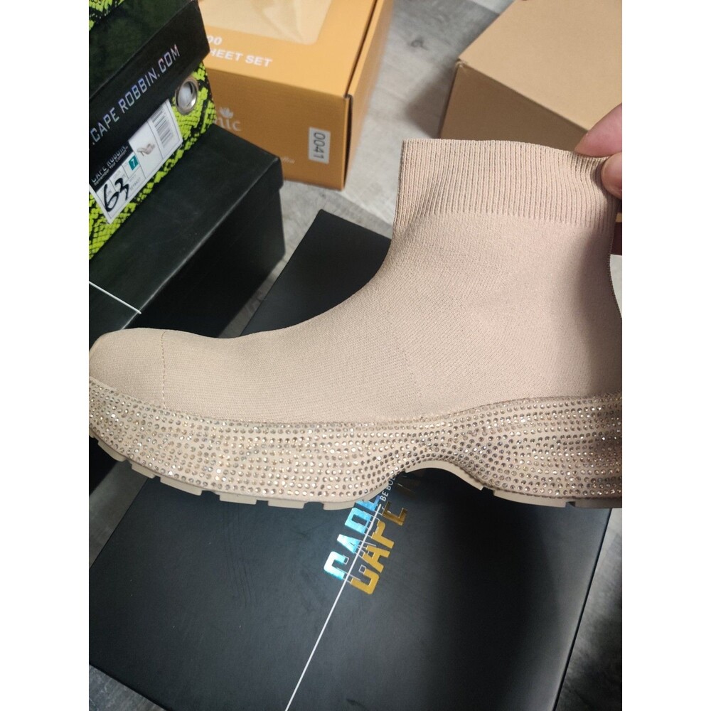 Cape Robbin Beige Knit Slip-On Sock Sneakers Rhinestone Trim Mid Top Men